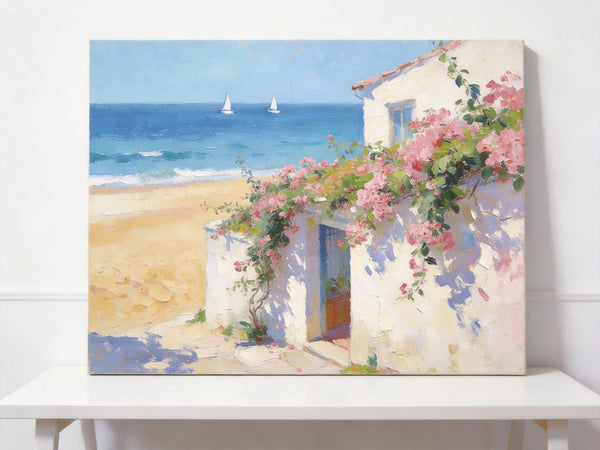 Original Small Paintings, Sunlit Seaside Cottage with Bougainvillea, Seashore Beach Painting, Hand Painted Canvas Art, Small Canvas Wall Art Paintings, Original Oil Paintings-Art Painting Canvas