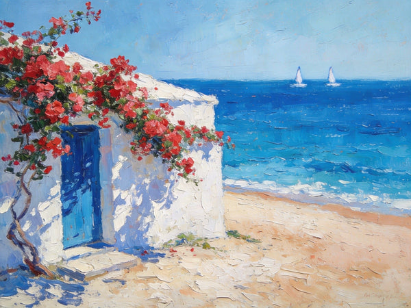 Bougainvillea by the Turquoise Shore, Original Small Paintings, Seashore Beach Painting, Hand Painted Canvas Art, Small Canvas Wall Art Paintings, Original Oil Paintings-Art Painting Canvas