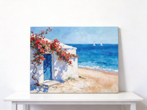 Bougainvillea by the Turquoise Shore, Original Small Paintings, Seashore Beach Painting, Hand Painted Canvas Art, Small Canvas Wall Art Paintings, Original Oil Paintings-Art Painting Canvas