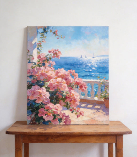 Terrace Blooms and Distant Sails, Original Landscape Paintings, Small Canvas Wall Art Paintings, Original Oil Paintings, Hand Painted Canvas Art-Art Painting Canvas