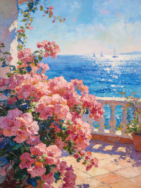 Terrace Blooms and Distant Sails, Original Landscape Paintings, Small Canvas Wall Art Paintings, Original Oil Paintings, Hand Painted Canvas Art-Art Painting Canvas