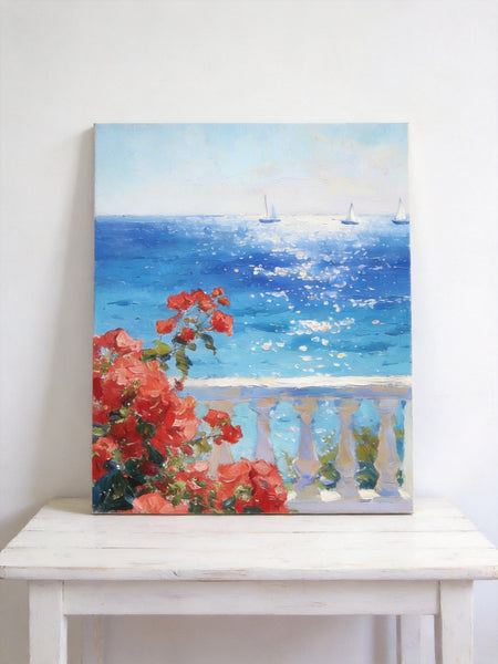 Tranquil Noon at the Coastal Bougainvillea Nook, Hand Painted Canvas Art, Original Landscape Paintings, Small Canvas Wall Art Paintings, Original Oil Paintings-Art Painting Canvas