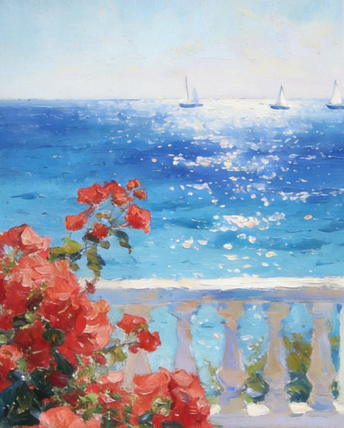 Tranquil Noon at the Coastal Bougainvillea Nook, Hand Painted Canvas Art, Original Landscape Paintings, Small Canvas Wall Art Paintings, Original Oil Paintings-Art Painting Canvas
