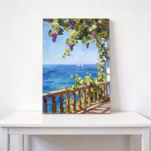 Original Landscape Paintings, Seaside Terrace Under the Grape Canopy, Hand Painted Canvas Art, Small Canvas Wall Art Paintings, Original Oil Paintings-Art Painting Canvas