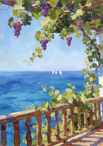 Original Landscape Paintings, Seaside Terrace Under the Grape Canopy, Hand Painted Canvas Art, Small Canvas Wall Art Paintings, Original Oil Paintings-Art Painting Canvas