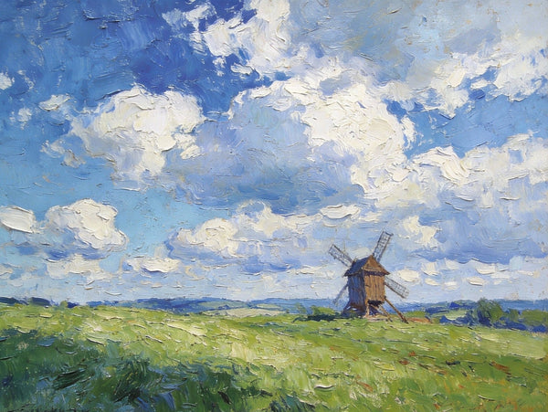 Small Wall Paintings, Windmill on the Vast Meadow, Landscape Artwork Canvas Paintings, On Canvas Small Paintings, Hand Painted Canvas Art, Original Landscape Paintings-Art Painting Canvas