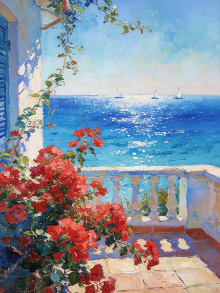 Original Landscape Paintings, Summer Glow on the Flowered Balcony, Small Canvas Wall Art Paintings, Original Oil Paintings, Hand Painted Canvas Art-Art Painting Canvas