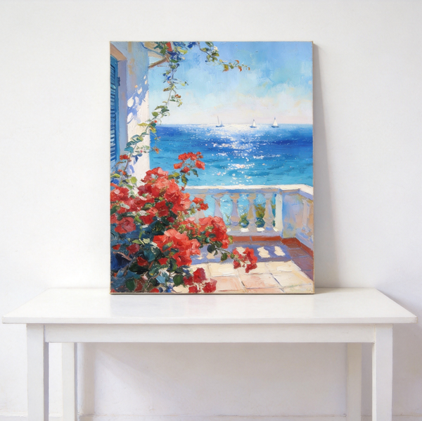 Original Landscape Paintings, Summer Glow on the Flowered Balcony, Small Canvas Wall Art Paintings, Original Oil Paintings, Hand Painted Canvas Art-Art Painting Canvas
