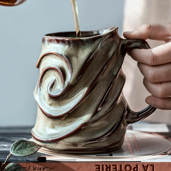Brown Ceramic Coffee Mug, Stoneware Coffee Mugs, Large Capacity Coffee Cups, Large Handmade Pottery Coffee Mug-Art Painting Canvas