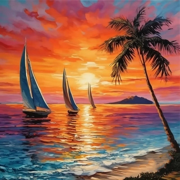 Original Small Landscape Paintings, Hawaii Seashore Sail Boat Palm Tree Painting, Beach Sunset Painting, Heavy Texture Acrylic Artwork, Easy Landscape Painting Ideas, Simple Small Canvas Paintings-Art Painting Canvas
