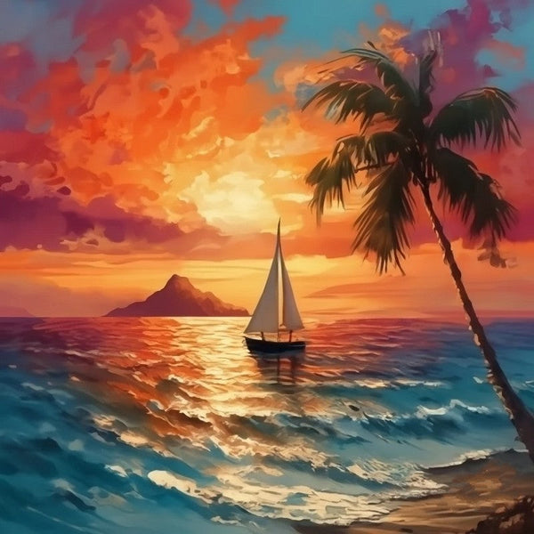 Beach Sunset Painting, Heavy Texture Acrylic Artwork, Original Small Landscape Paintings, Hawaii Seashore Sail Boat Palm Tree Painting, Easy Landscape Painting Ideas, Simple Small Canvas Paintings-Art Painting Canvas