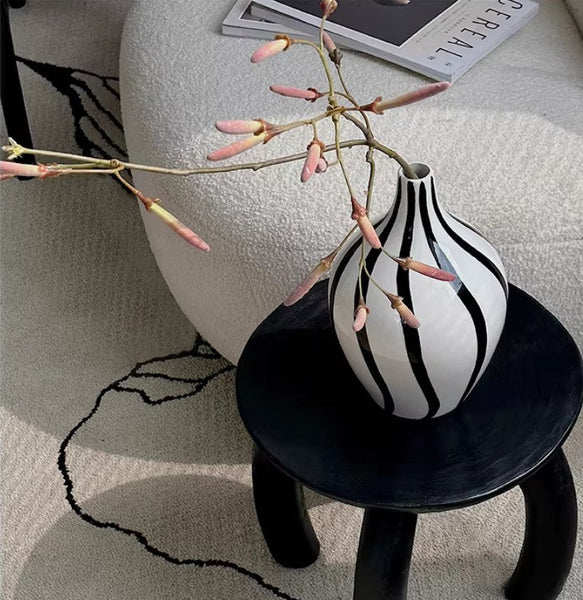 Water Holding Flower Vases, Black and White Striped Ceramic Vase, Porcelain Flower Vases, Modern Flower Vases on Table-Art Painting Canvas
