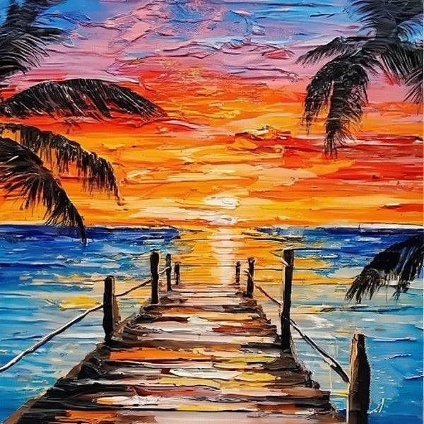 Original Small Landscape Paintings, Hawaii Seashore Palm Tree Painting, Easy Landscape Painting Ideas, Simple Small Canvas Paintings, Beach Sunset Painting, Heavy Texture Acrylic Artwork-Art Painting Canvas