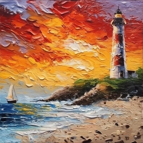 Small Hand Painted Art, Seashore Lighthouse Sunset Painting, Heavy Texture Canvas Artwork, Easy Landscape Painting Ideas, Simple Small Canvas Paintings-Art Painting Canvas