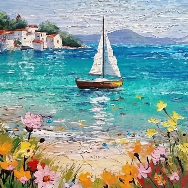 Small Hand Painted Canvas Art, Easy Landscape Painting Ideas, Simple Small Canvas Paintings, Sail Boat Seashore Floral Beach Painting, Original Small Landscape Paintings, Heavy Texture Canvas Art-Art Painting Canvas