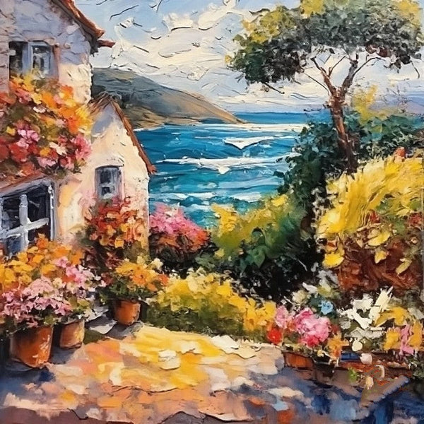 Simple Small Canvas Paintings, Seashore Summer Resort Painting, Original Paintings, Small Landscape Paintings, Heavy Texture Canvas Paintings, Easy Landscape Painting Ideas-Art Painting Canvas