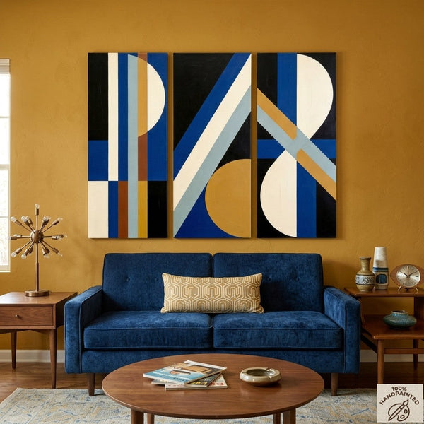 Multi Panel Canvas Art, Oversized Group Paintings, Geometric Abstract Paintings, Modern Paintings for Mid Century Living Room-Art Painting Canvas