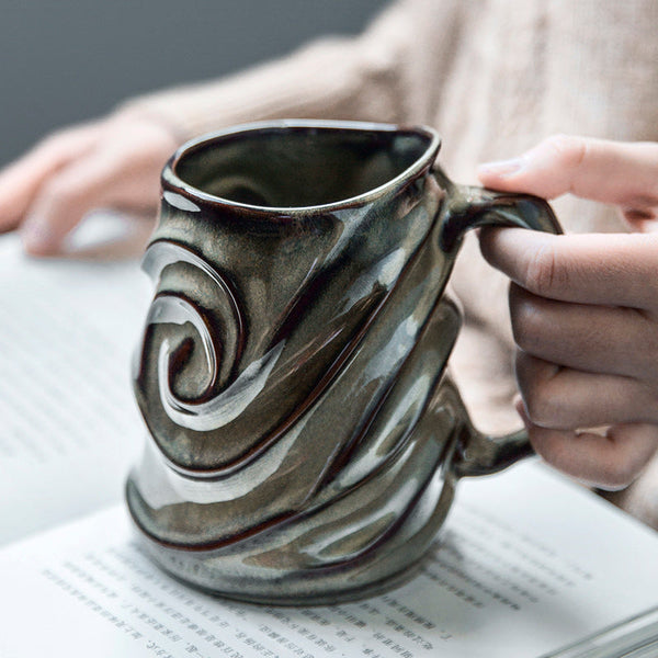Brown Ceramic Coffee Mug, Stoneware Coffee Mugs, Large Capacity Coffee Cups, Large Handmade Pottery Coffee Mug-Art Painting Canvas