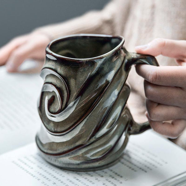 Stoneware Coffee Mugs, Black Ceramic Coffee Mug, Large Capacity Coffee Cups, Birthday Gifts, Handmade Pottery Coffee Mug-Art Painting Canvas