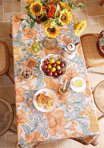 Spring Flower Tablecloth for Round Table, Modern Kitchen Table Cover, Linen Table Cover for Dining Room Table, Simple Modern Rectangle Tablecloth Ideas for Oval Table-Art Painting Canvas