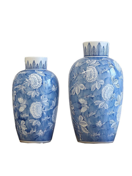 Centerpiece Ceramic Bouquet Vases, Handmade Modern Flower Vase, Large Flower Vases on Dining Table, Blue Porcelain Flower Vases-Art Painting Canvas