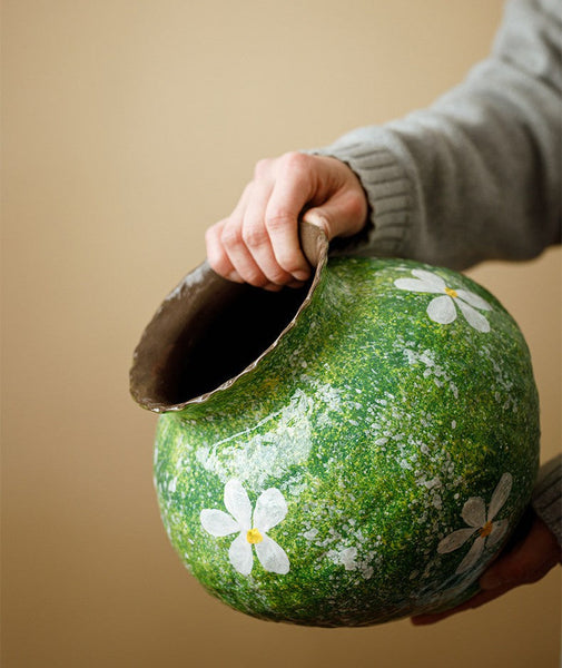 Modern Pottery Flower Vases, Centerpiece on Dining Table, Handmade Water Holding Flower Vases, Pottery Bud Vases, Large Green Flower Vases on Table-Art Painting Canvas