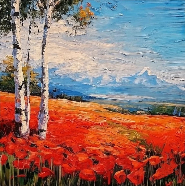 Simple Small Canvas Paintings, Red Poppy Field Birch Tree Landscape Painting, Original Small Landscape Paintings, Heavy Texture Canvas Art, Palette Knife Paintings, Easy Landscape Painting Ideas-Art Painting Canvas