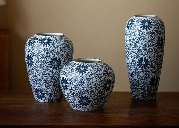 Vintage Bouquet Flower Vases, Centerpiece on Dining Table, Large Blue Flower Vase on Table, Handmade Porcelain Flower Vases Urn, Water Holding Flower Vases-Art Painting Canvas