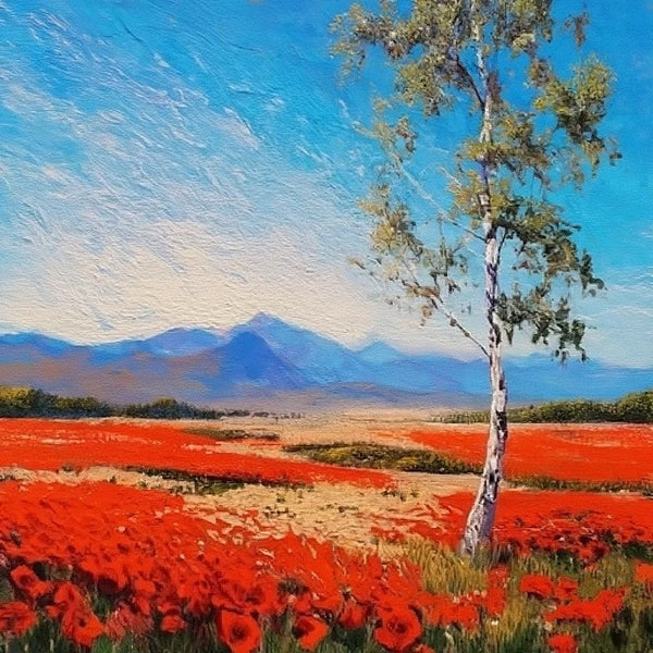 Red Poppy Field Birch Tree Landscape Painting, Simple Small Canvas Paintings, Original Small Landscape Paintings, Heavy Texture Canvas Art, Palette Knife Paintings, Easy Landscape Painting Ideas-Art Painting Canvas