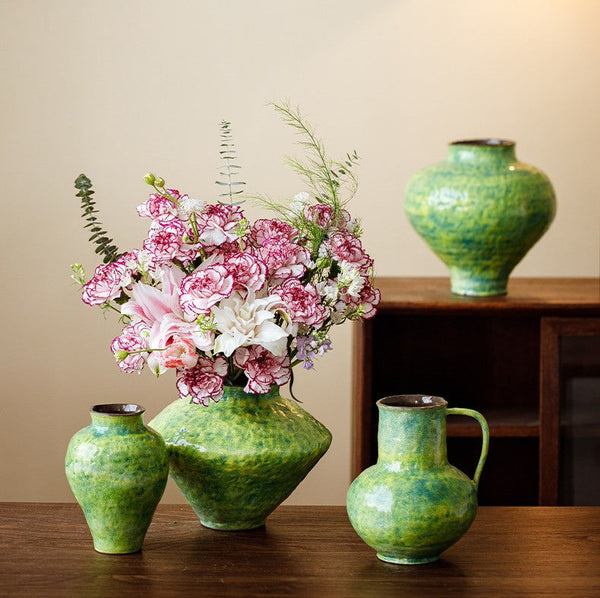 Centerpiece on Dining Table, Modern Pottery Flower Vases, Handmade Water Holding Flower Vases, Pottery Bud Vases, Large Green Flower Vases on Table-Art Painting Canvas