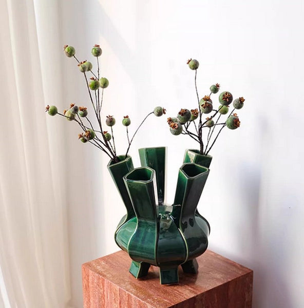 Unique Handmade Modern Flower Vase, Centerpiece Ceramic Bouquet Vases, Contemporary Vases on Dining Table, Green Porcelain Vases for Modern Home Decor-Art Painting Canvas