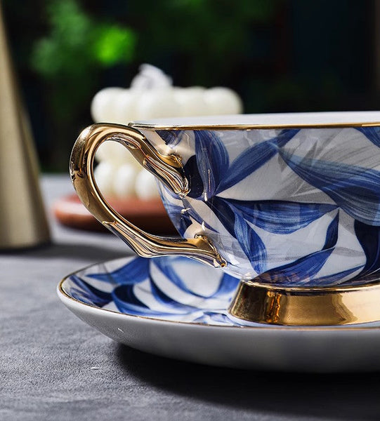 Unique British Tea Cup and Saucer in Gift Box, Blue Porcelain Tea Cup Saucer Set, 7.4 oz British Ceramic Coffee Cups-Art Painting Canvas