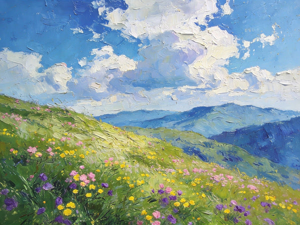 Small Canvas Art, Mountainous Landscape with Blossoming Meadows, Original Wall Paintings, On Canvas Small Paintings, Original Artwork Small Paintings, Small Landscape Paintings-Art Painting Canvas