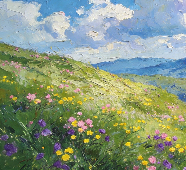 Small Canvas Art, Mountainous Landscape with Blossoming Meadows, Original Wall Paintings, On Canvas Small Paintings, Original Artwork Small Paintings, Small Landscape Paintings-Art Painting Canvas