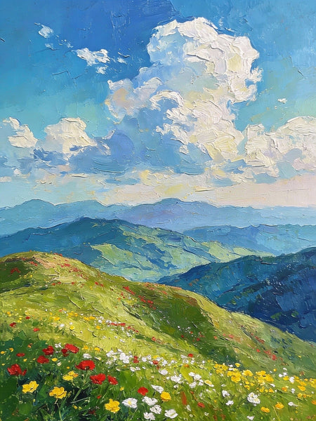 Original Small Paintings, A Flowering Hillside Under an Azure Sky, Small Oil Paintings, Small Wall Paintings, Landscape Artwork Canvas Paintings