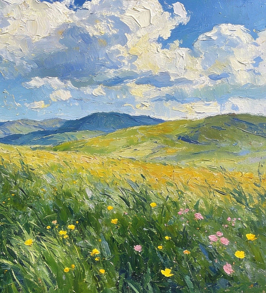 Where the Green Slope Meets the Drifting Clouds, Hand Painted Canvas Art, Small Landscape Paintings, Original Oil Paintings, Small Paintings As Birthday Gift, Small Paintings on Canvas-Art Painting Canvas