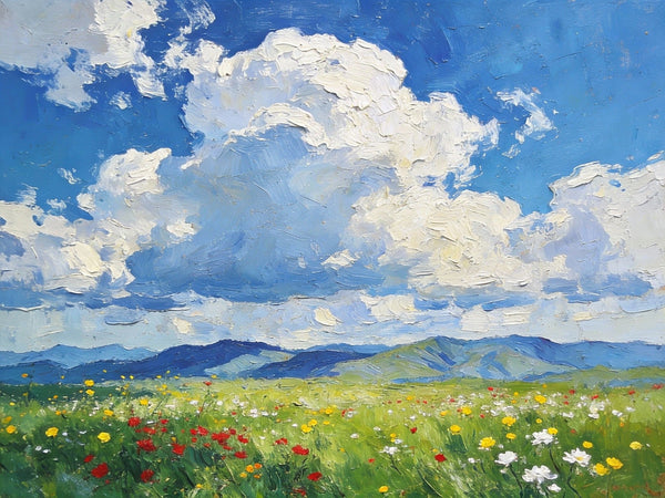 Wildflower Hills and Azure Sky, Hand Painted Canvas Art, Heavy Texture Wall Art Paintings, On Canvas Small Paintings, Original Oil Paintings, Small Landscape Paintings-Art Painting Canvas