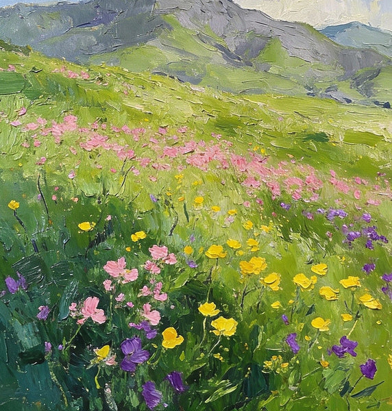 Small Oil Paintings, Mountain Meadow in Bloom, A Lush Floral Landscape, Original Small Paintings, Landscape Artwork Small Paintings, Small Wall Paintings-Art Painting Canvas