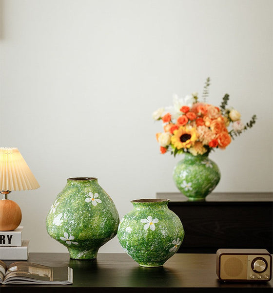 Modern Pottery Flower Vases, Centerpiece on Dining Table, Handmade Water Holding Flower Vases, Pottery Bud Vases, Large Green Flower Vases on Table-Art Painting Canvas
