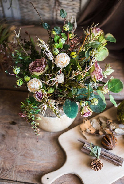 Eucalyptus leaves, Rose, Ranunculus Asiaticus Flowers, Beautiful Modern Flower Arrangement for Living Room, Ctreative Artificial Floral for Home Decoration-Art Painting Canvas