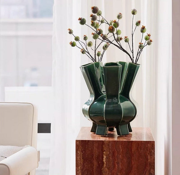 Centerpiece Ceramic Bouquet Vases, Contemporary Vases on Dining Table, Green Porcelain Vases for Modern Home Decor, Unique Handmade Modern Flower Vase-Art Painting Canvas