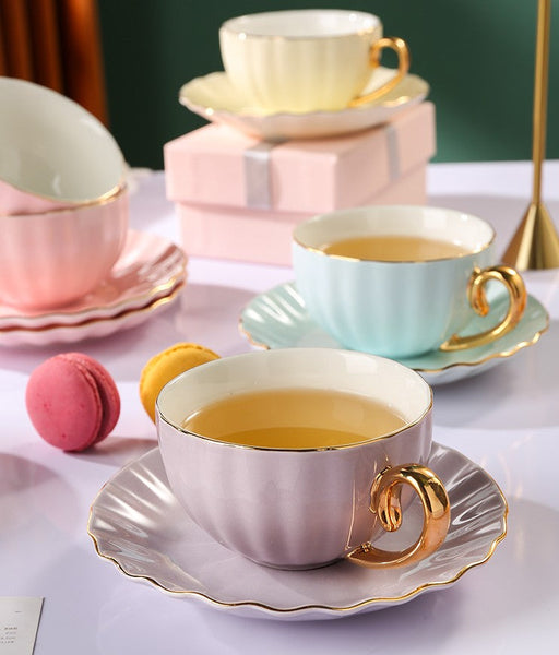 Macaroon Ceramic Coffee Cups, 6.8 oz Tea Cup and Saucer Set of 2 Cups in Gift Box as Birthday Gift, Beautiful Elegant British Tea Cups, Creative Porcelain Tea Cup Set-Art Painting Canvas