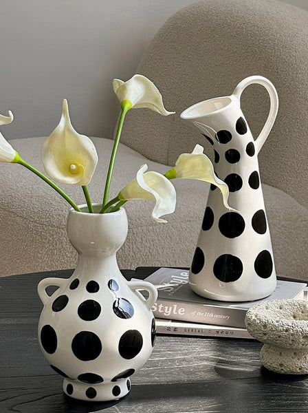 Ceramic Bud Vases, Small Flower Vases on Table, Black and White Polka Dot Flower Vase, Modern Porcelain Flower Vases, Handmade Water Holding Flower Vases-Art Painting Canvas