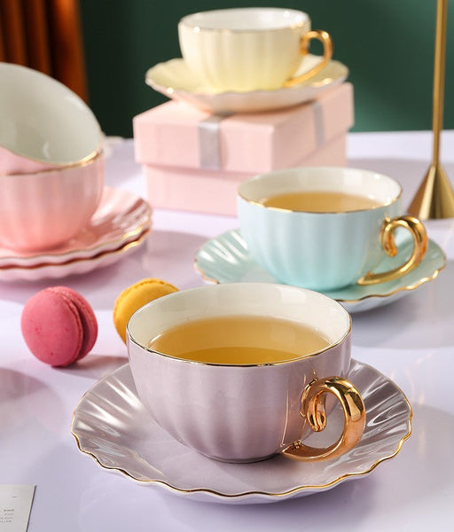 Beautiful British Tea Cups, Creative Bone China Porcelain Tea Cup Set, Elegant Macaroon Ceramic Coffee Cups, Unique Tea Cups and Saucers in Gift Box as Birthday Gift-Art Painting Canvas