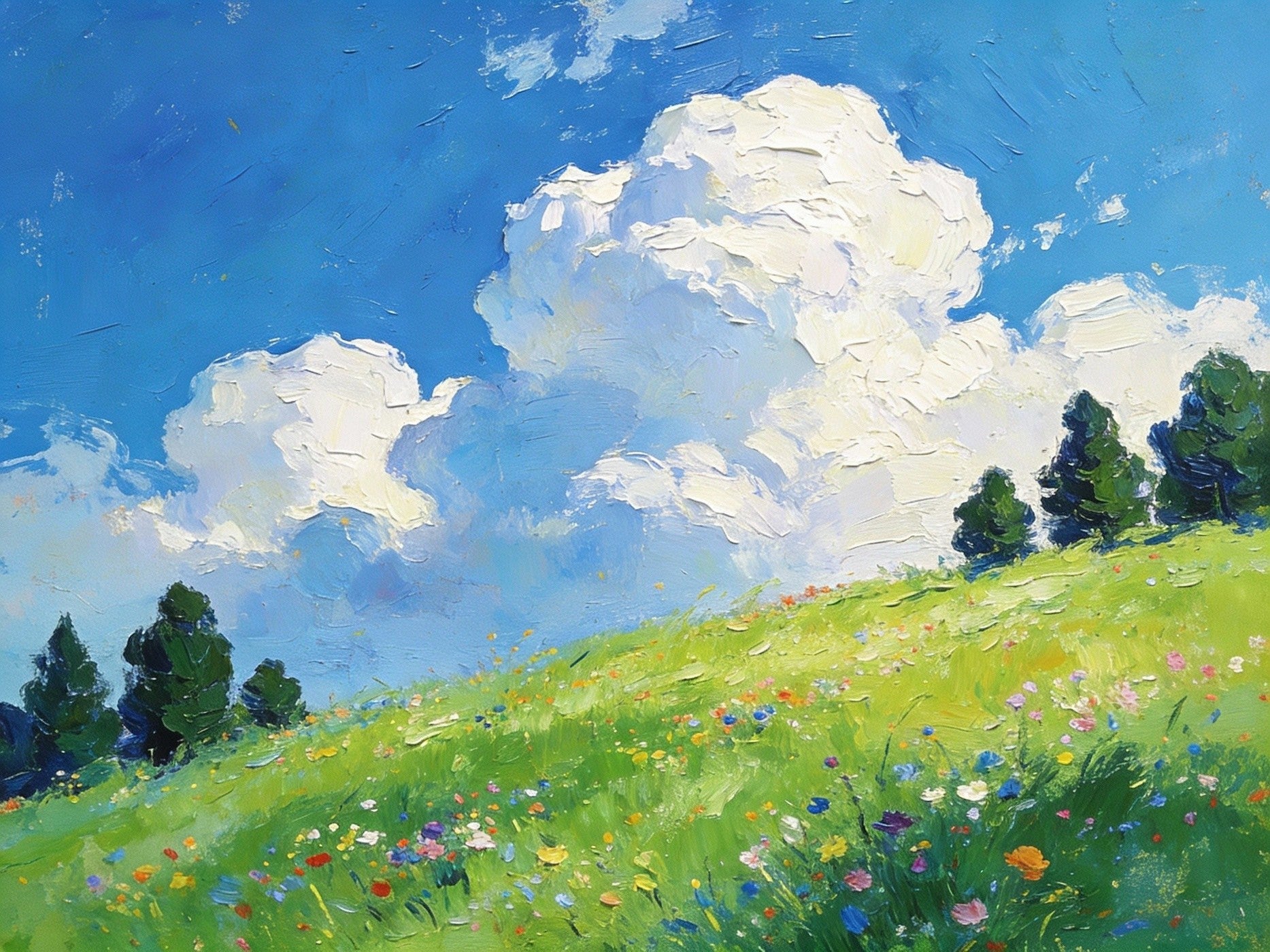 Beneath A Sky Of Clouds A Hillside In Bloom Small Paintings On Canvas, Rolling Green Meadow Floral Landscape, Handmade Oil Painting For Bedroom, Serene Nature Scenery Artwork, Spring Flowers Countryside Wall Decor