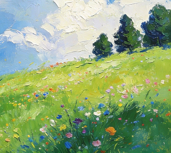 Beneath a Sky of Clouds, a Hillside in Bloom, Small Paintings on Canvas, Hand Painted Canvas Art, Small Landscape Paintings, Original Oil Paintings, Small Paintings As Birthday Gift-Art Painting Canvas