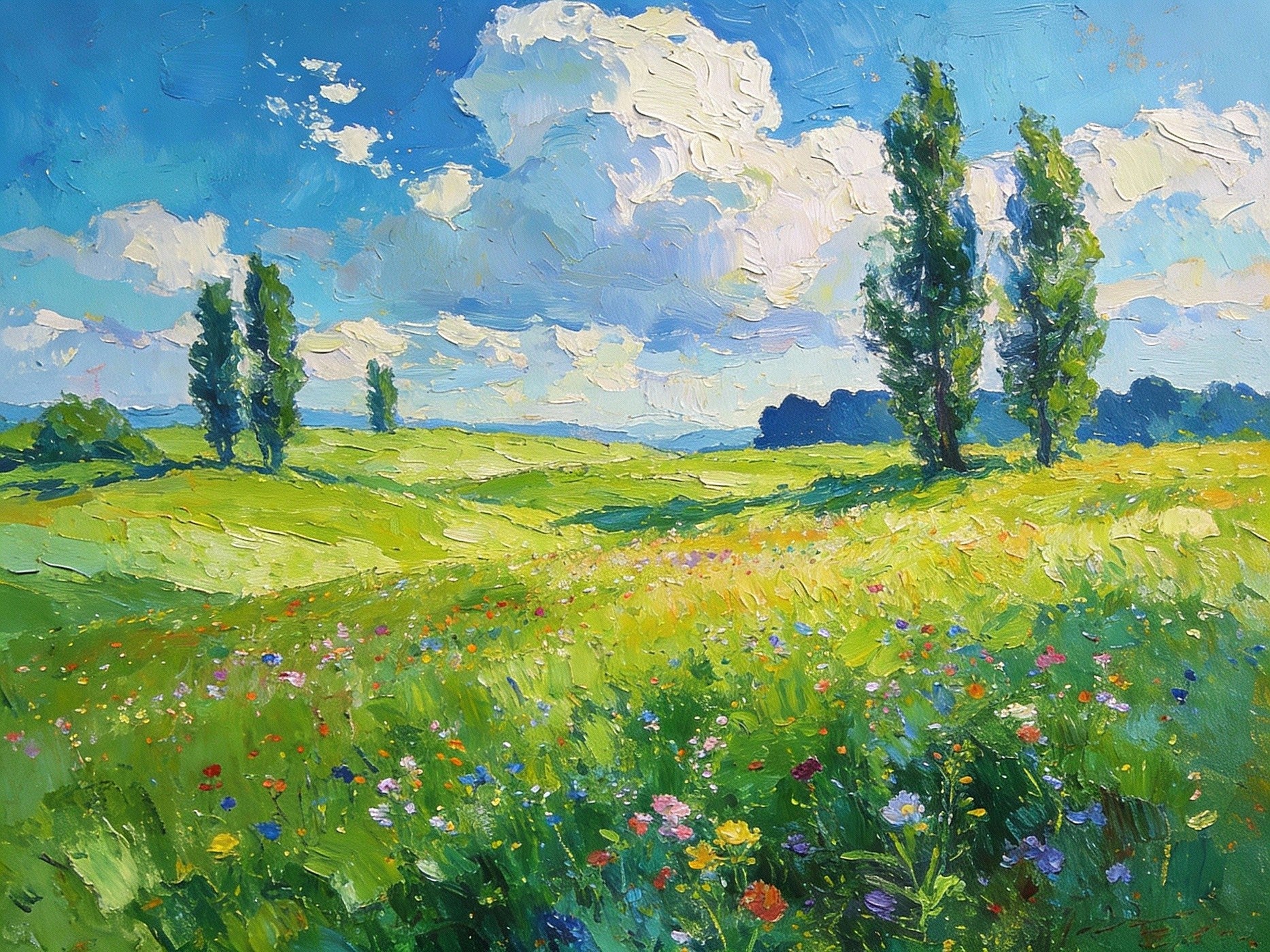 A Hillside Awash With Wildflowers In Spring Hand Painted Canvas Art, Colorful Blooming Meadow Landscape Painting, Modern Floral Art For Office, Lush Green Valley With Butterflies, Impressionist Nature Wall Decor