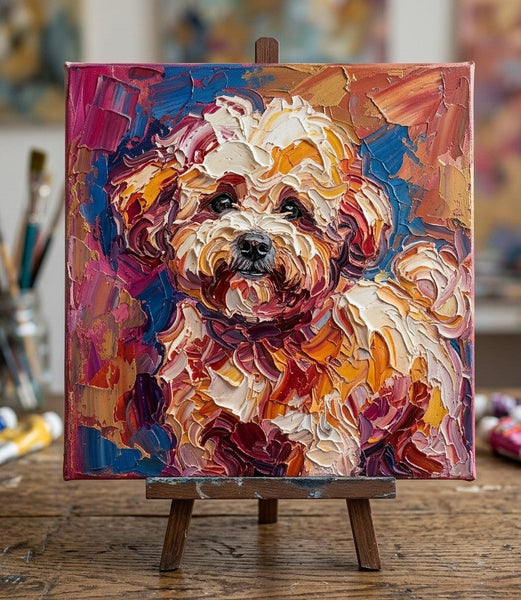 Hand Painted Canvas Art, Bichon Frise Dog Portrait, Abstract Pet Portrait Painting, Impasto Artwork, Original Acrylic Paintings, Heavy Texture Painting, Small Art on Canvas