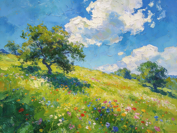 Lush Green Fields Under a Cloudy Sky, Small Oil Paintings on Canvas, Small Wall Paintings, Hand Painted Canvas Art, Heavy Texture Oil Paintings, Original Artwork Small Paintings-Art Painting Canvas