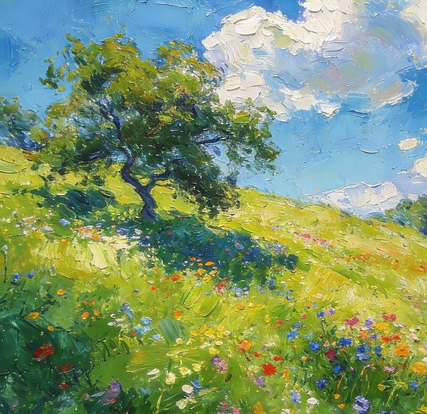 Lush Green Fields Under a Cloudy Sky, Small Oil Paintings on Canvas, Small Wall Paintings, Hand Painted Canvas Art, Heavy Texture Oil Paintings, Original Artwork Small Paintings-Art Painting Canvas